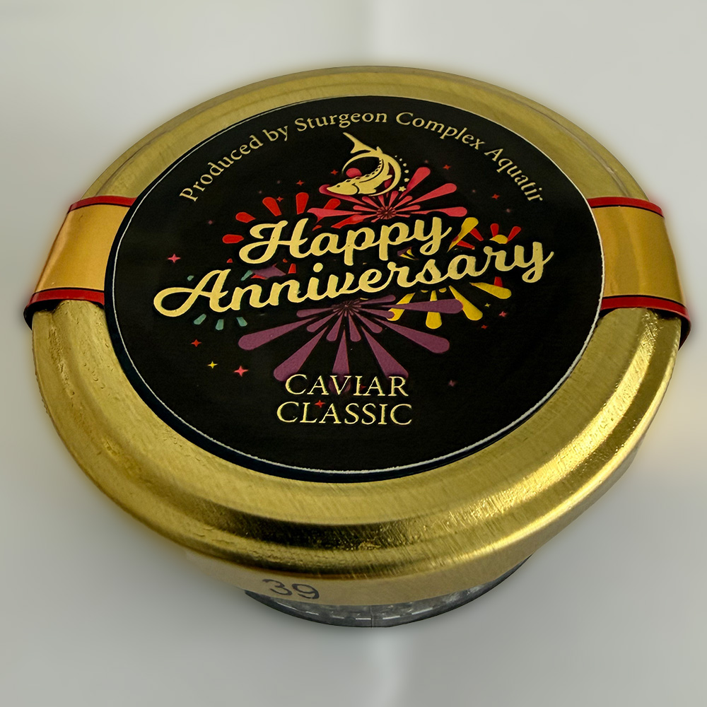 Happy Anniversary sticker applied to a caviar can for anniversary gift presentation